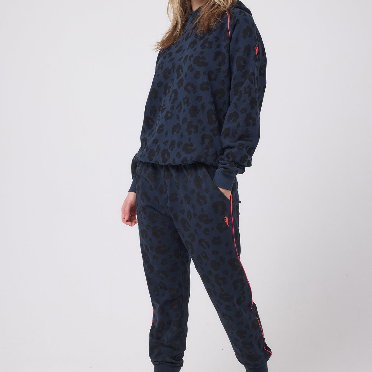 Adults Cosy Joggers Navy With Black Leopard Print and Lightning Bolt