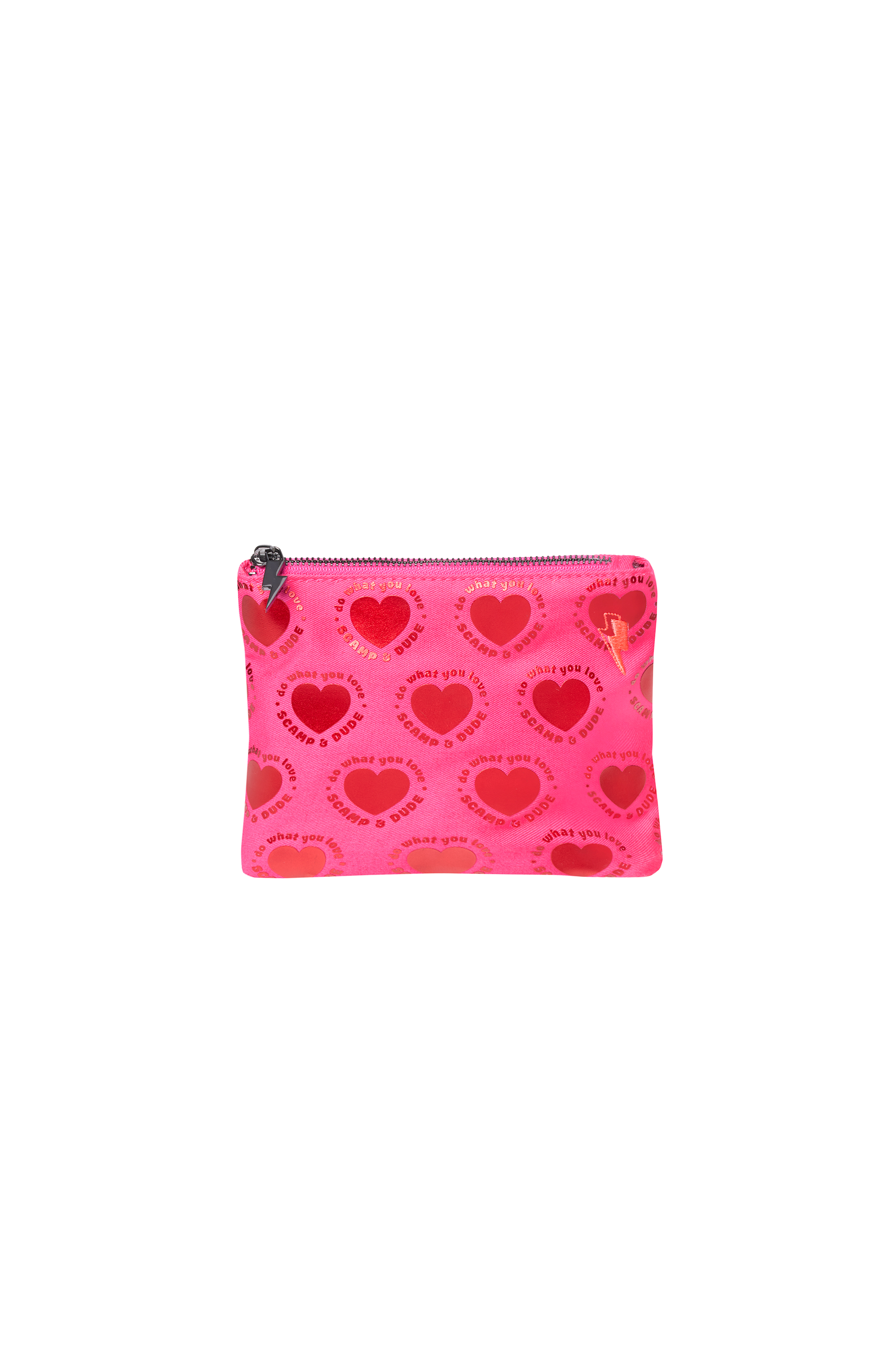 Scamp and Dude Pink and Red Love Heart Small Swag Bag | Product image of Pink and Red Love Heart Small Swag Bag on white background