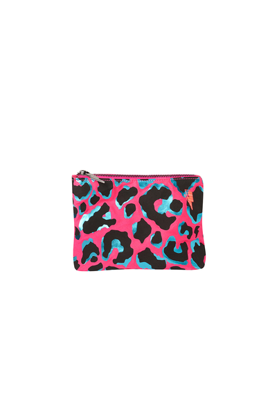 Scamp and Dude Fuchsia with Turquoise and Black Shadow Leopard Small Swag Bag | Product image of Fuchsia with Turquoise and Black Shadow Leopard Small Swag Bag on white background