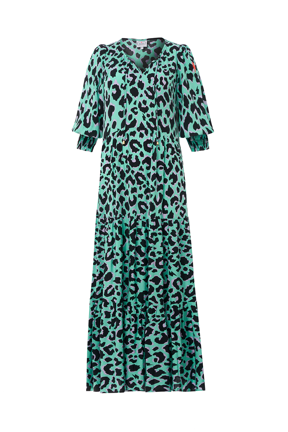 Green with Purple and Black Shadow Leopard Tie Front Maxi Dress