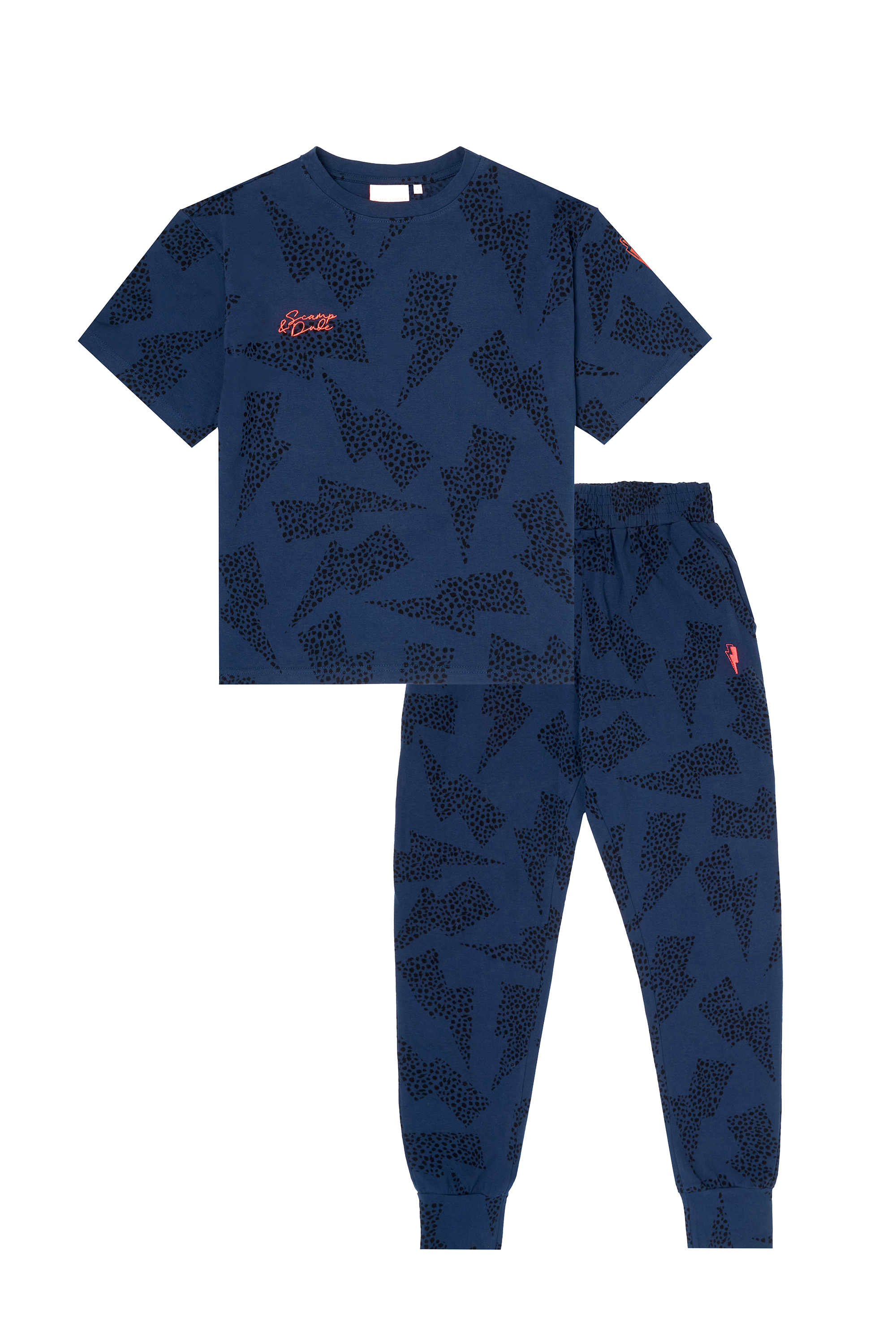 Scamp and Dude Navy with Black Cheetah and Lightning Bolt Print Pyjamas | Product image of Navy with Black Cheetah and Lightning Bolt Print Pyjamas on white background
