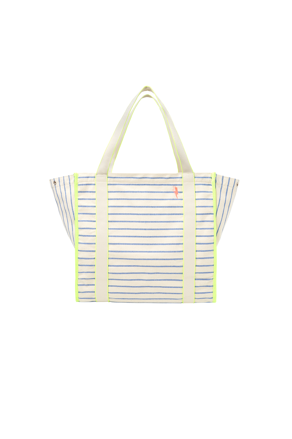 Scamp and Dude Blue and Ivory Stripe Pocket Canvas Tote Bag | Product image of Blue and Ivory Stripe Zip Tote Bag on white background