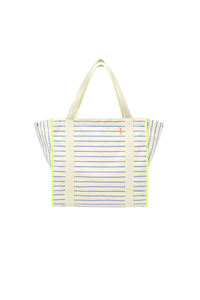 Scamp and Dude Blue and Ivory Stripe Pocket Canvas Tote Bag | Product image of Blue and Ivory Stripe Zip Tote Bag on white background