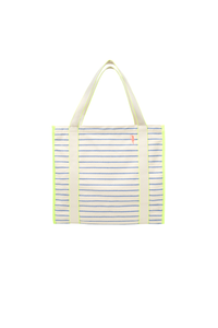 Blue and Ivory Stripe Zip Pocket Canvas Tote Bag