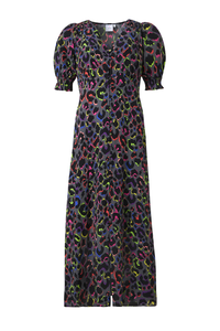 Grey with Rainbow Shadow Leopard Flute Sleeve Midi Tea Dress
