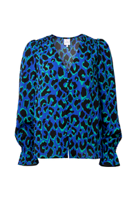 Electric Blue with Black and Green Shadow Leopard Flute Sleeve Blouse