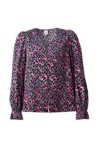 Khaki with Pink and Black Small Shadow Leopard Flute Sleeve Blouse