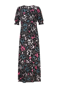 Grey with Pink and Teal Mixed Leopard Flute Sleeve Midi Dress