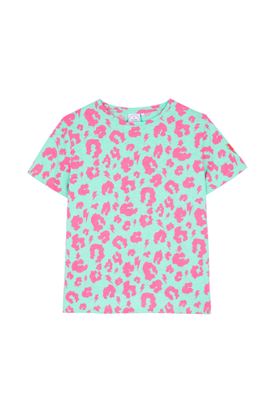A green with neon pink leopard and lightning bolt print crew neck T-shirt