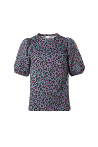 Green with Pink and Black Shadow Leopard Puff Sleeve T-Shirt