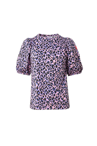 Pink with Blue and Black Shadow Leopard Puff Sleeve T-Shirt