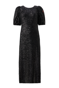 Black Sequin Puff Sleeve Midi Dress