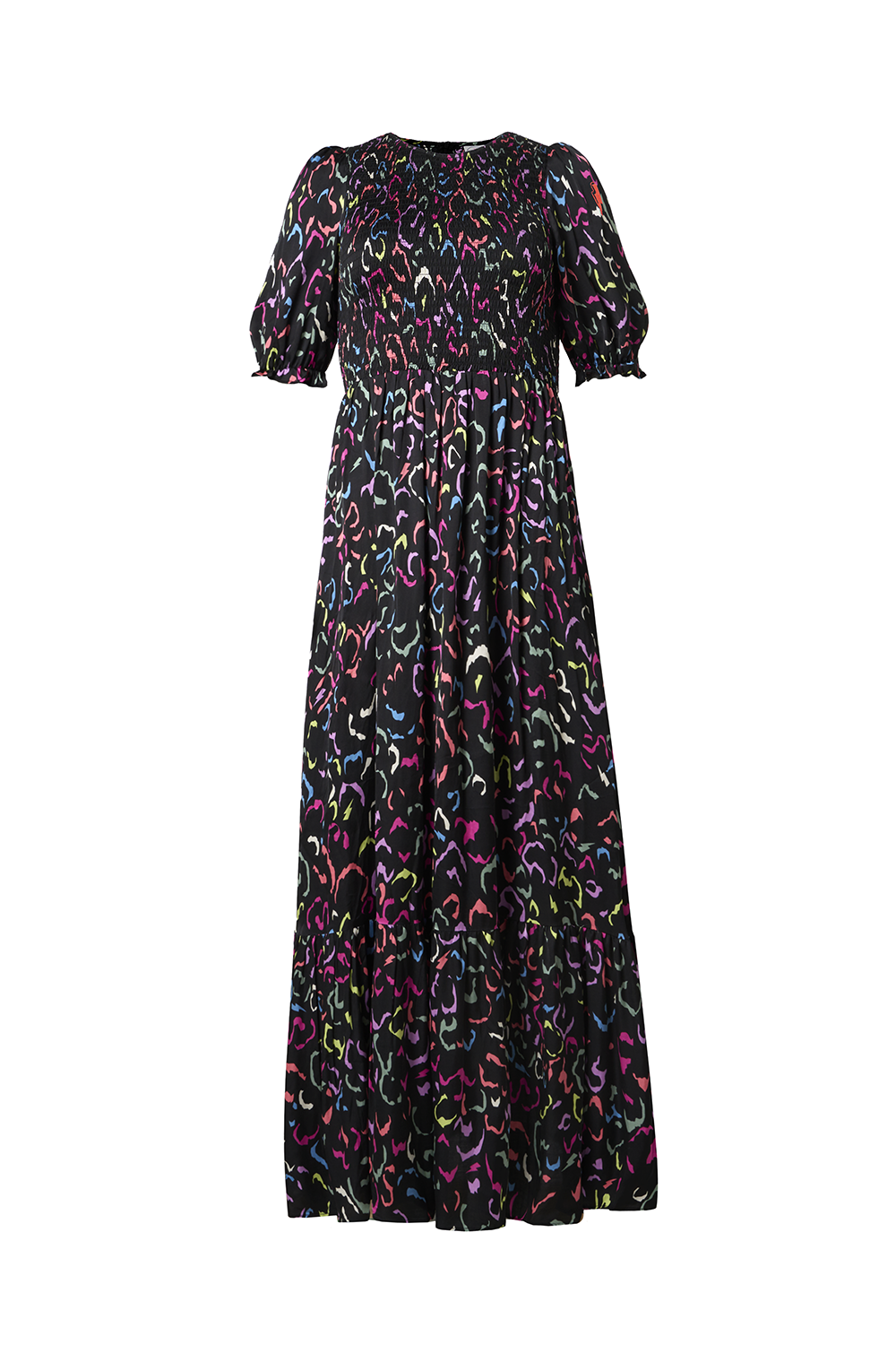 Scamp and Dude Shirred Maxi Dress Black with Rainbow Abstract Animal Print | Product image of long black dress with bright coloured animal print 