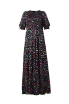 Scamp and Dude Shirred Maxi Dress Black with Rainbow Abstract Animal Print | Product image of long black dress with bright coloured animal print 