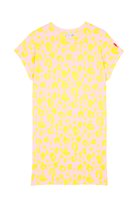 An oversized blush with yellow leopard and lightning bolt print T-shirt dress