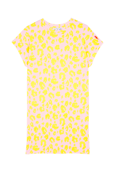 An oversized blush with yellow leopard and lightning bolt print T-shirt dress