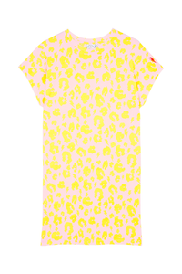 An oversized blush with yellow leopard and lightning bolt print T-shirt dress