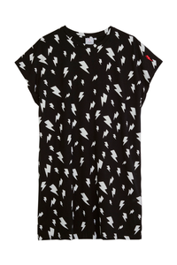 A black with white lightning bolt print crew neck T-shirt dress with a neon pink embroidered lightning bolt on the arm