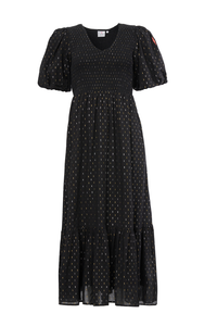 Black with Gold and Silver Lurex Spot Shirred Puff Sleeve Midi Dress