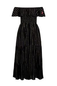A black with silver and gold lurex Bardot midi dress with a neon pink embroidered lightning bolt on the shoulder