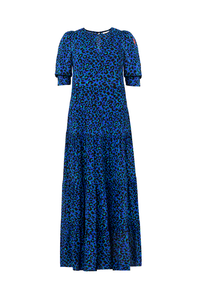 Blue with Green and Black Small Shadow Leopard Maxi Dress