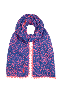 A blue with pink mixed animal and lightning bolt print scarf with a pink pom pom trim