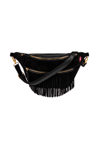 A black bum bag with real suede fringing detail, an adjustable strap, gold hardware and two front zip compartments