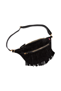 A black bum bag with real suede fringing detail, an adjustable strap, gold hardware and two front zip compartments