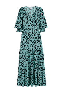 Khaki with Black Leopard Tie Front Maxi Dress