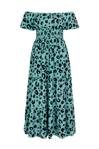 Khaki with Black Leopard Bardot Midi Dress