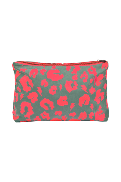 Scamp and Dude Khaki with Neon Coral Leopard Swag Bag | Product image of Khaki with Neon Coral Leopard Swag Bag on white background