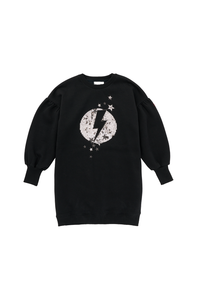 Scamp and Dude Kids Black with Sequin Lightning Bolt Oversized Tunic | Product image of black long sleeve jumper with sequin lightening bolt in the middle 