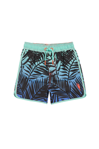 Green with blue and black tropical and lightning bolt print swim shorts with an elasticated drawstring