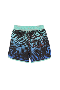 The back of green with blue and black tropical and lightning bolt print swim shorts with an elasticated drawstring