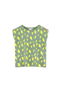 Scamp and Dude | Kids Khaki with Yellow Bolt Sleeveless T-shirt | Product image of green t-shirt with yellow lightening bolt print