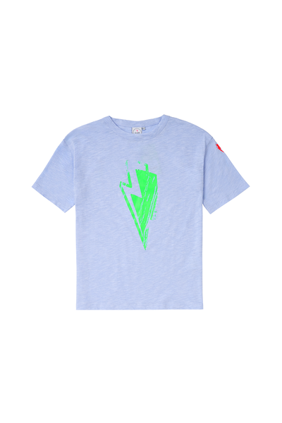 Scamp and Dude | Kids Lilac with Neon Green Bolt T-Shirt | Product image of lilac top with green lightening bolt print on white background 