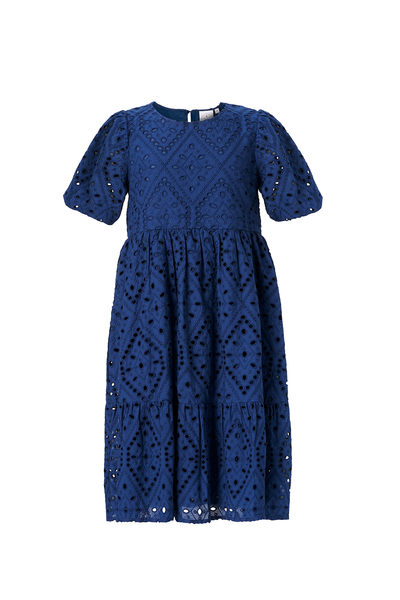 Scamp and Dude | Kids Naxy Broderie Anglaise Puff Sleeve Dress | Product image of navy dress on white background