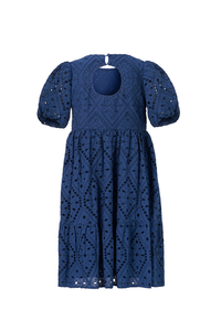 Kids Navy Broderie Anglaise Puff Sleeve Dress