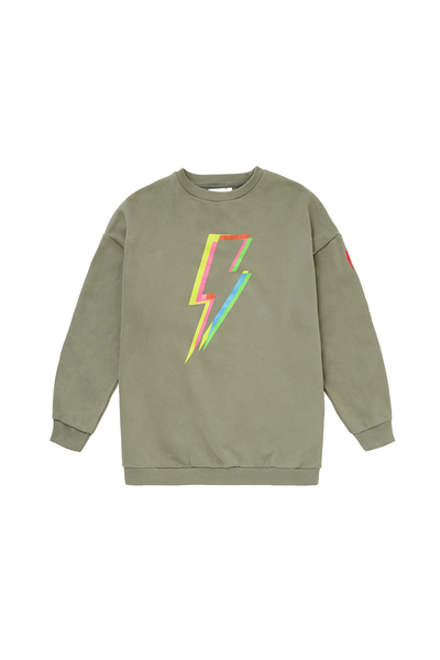 Scamp and Dude Kids Oversized Green Sweatshirt with Rainbow Lightning Bolt Print | Product image of green sweatshirt with rainbow lightning bolt
