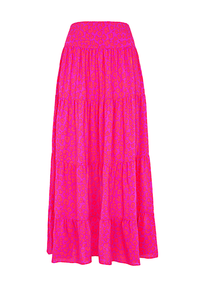 A magenta with hot pink floral leopard and lightning bolt print maxi skirt