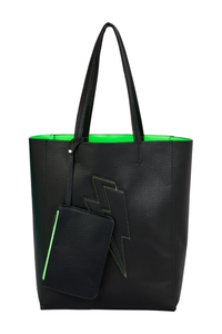 A matte black tote bag with contrast neon green lining and large lightning bolt detail and matching purse 