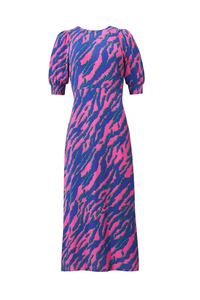 Pink with Blue and Green Shadow Tiger V-Back Midi Dress