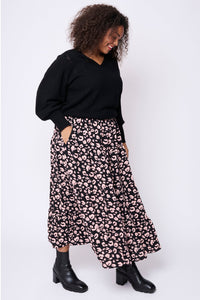 Black with Pale Peach Leopard Maxi Skirt