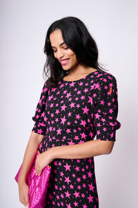 Black with Pink Star Midi Dress