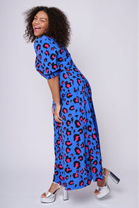 Electric Blue with Pink and Black Snow Leopard Midi Dress