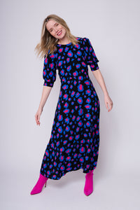 Black with Electric Blue and Pink Snow Leopard Midi Dress