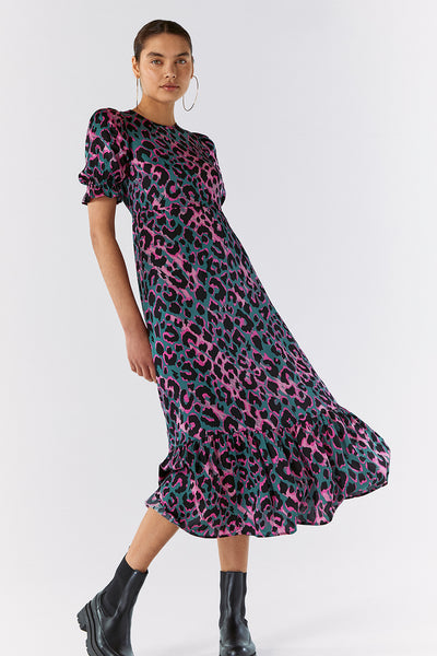 Scamp and Dude Green with Pink and Black Shadow Leopard Maxi Dress | Model wearing pink and green leopard print dress with puffed sleeves