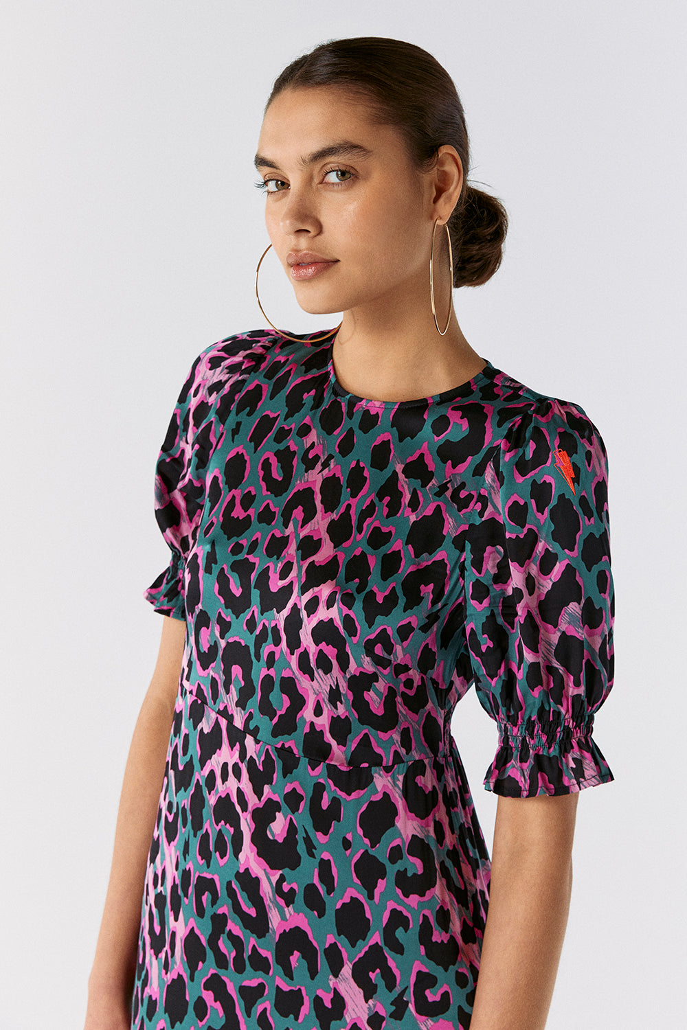 Khaki With Pink And Black Shadow Leopard Flute Sleeve Midi Dress 