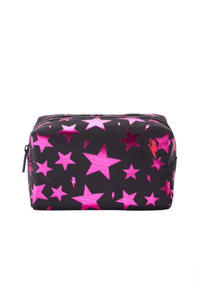 Scamp and Dude Small Make Up Bag Black With Pink Foil Star Pattern | Product image of pink foiled stars on black make up bag