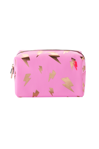 Scamp & Dude x Ruth Crilly Pink with Rose Gold Foil Lightning Bolt Makeup Bag | Product image of pink and gold lightning bolt makeup bag